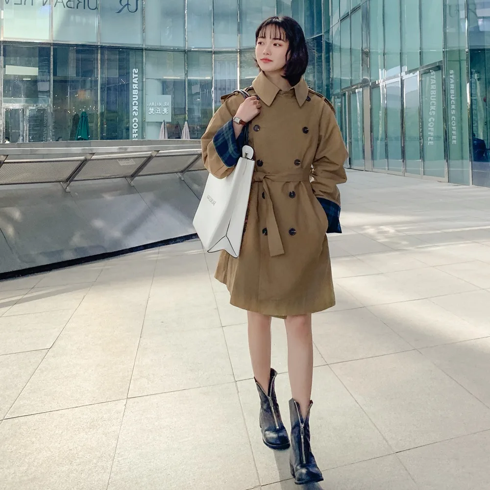 

Photo Shoot 2019 Spring New Style Korean-style WOMEN'S Wear Retro Laziness Double Breasted Mid-length Pattern Joint Trench Coat