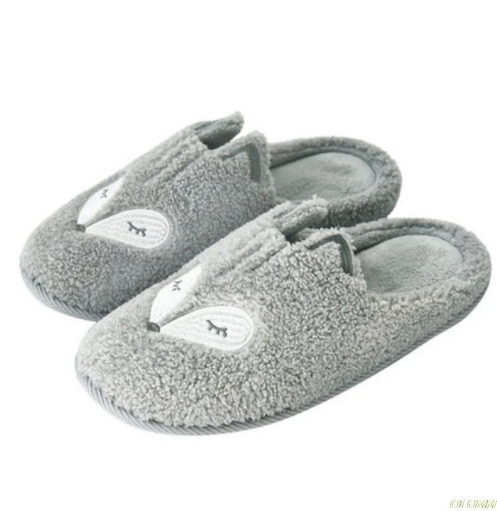 Indoor Warm Women Slippers Cute Animal Fox Unicorn Winter Fur Home Shoe Female Girl Nonslip Memory Foam Cotton House Slippers - Цвет: grey