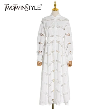 

TWOTWINSTYLE Beach Style Dresses Women Lapel Lantern Wrist Sleeve Hollow Out Patchwork Lace Dress Female 2020 Spring Fashion New