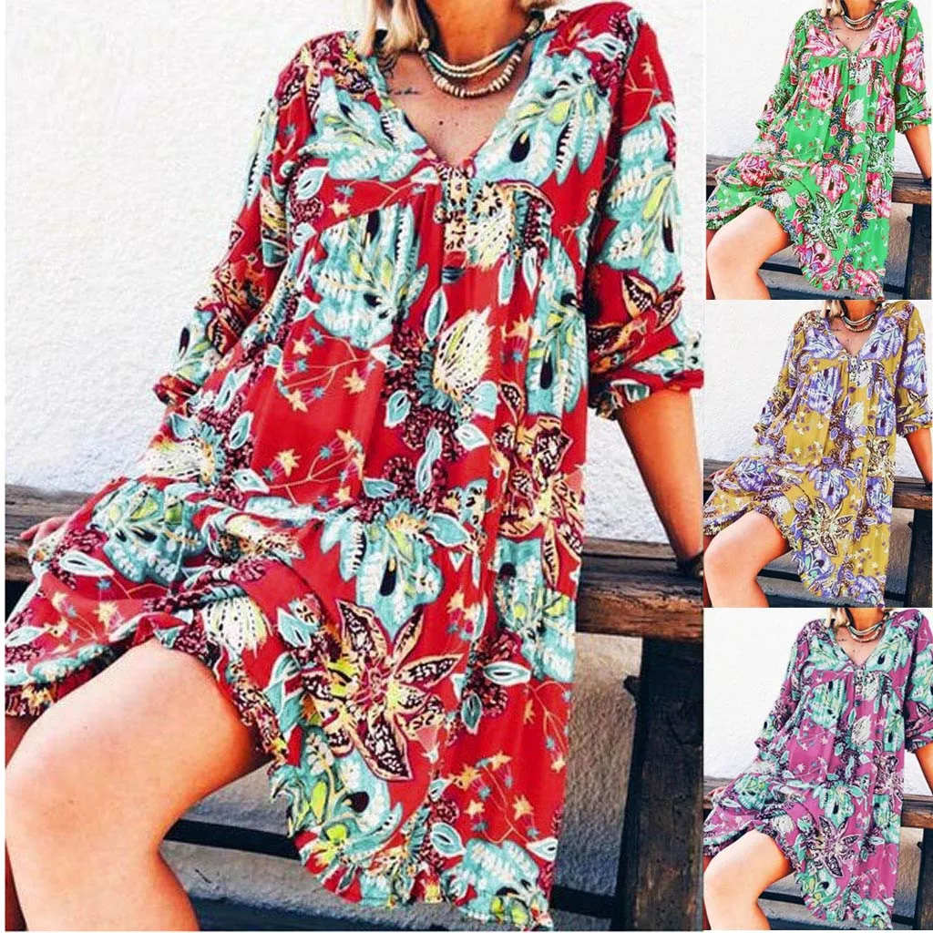 Feitong осенние женские платья Boho Цветочные с длинным рукавом платье Праздничная пляжная рубашка платье дамы печати Мини платье Плюс Размер 7#3a1
