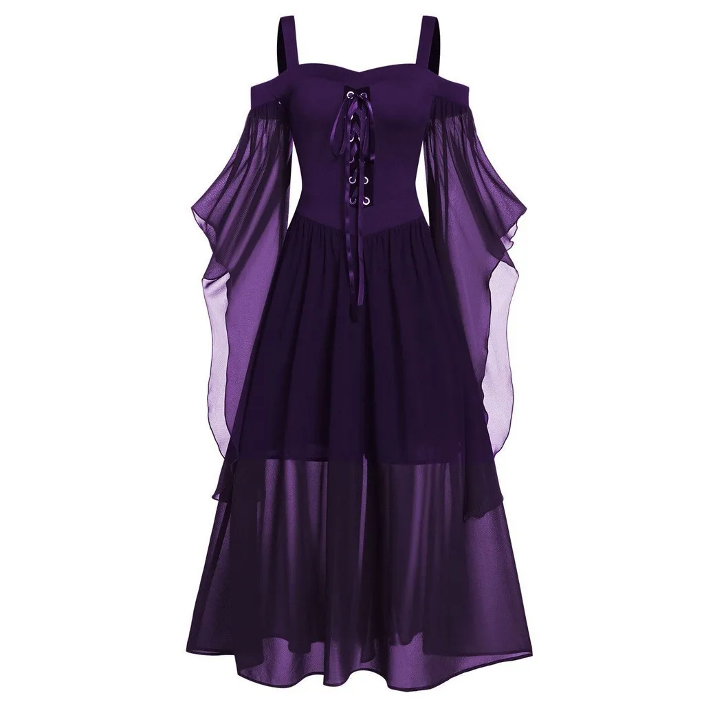 Женское Макси-платье с открытыми плечами, большие размеры, S-5XL рукав-бабочка, кружевное платье на Хэллоуин, готические вечерние женские винтажные платья - Цвет: Фиолетовый