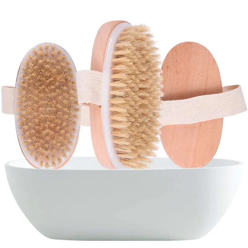 Jabalí Natural cerdas cuerpo seco cepillo de madera Oval baño cepillos masaje exfoliante celulitis la circulación de la sangre