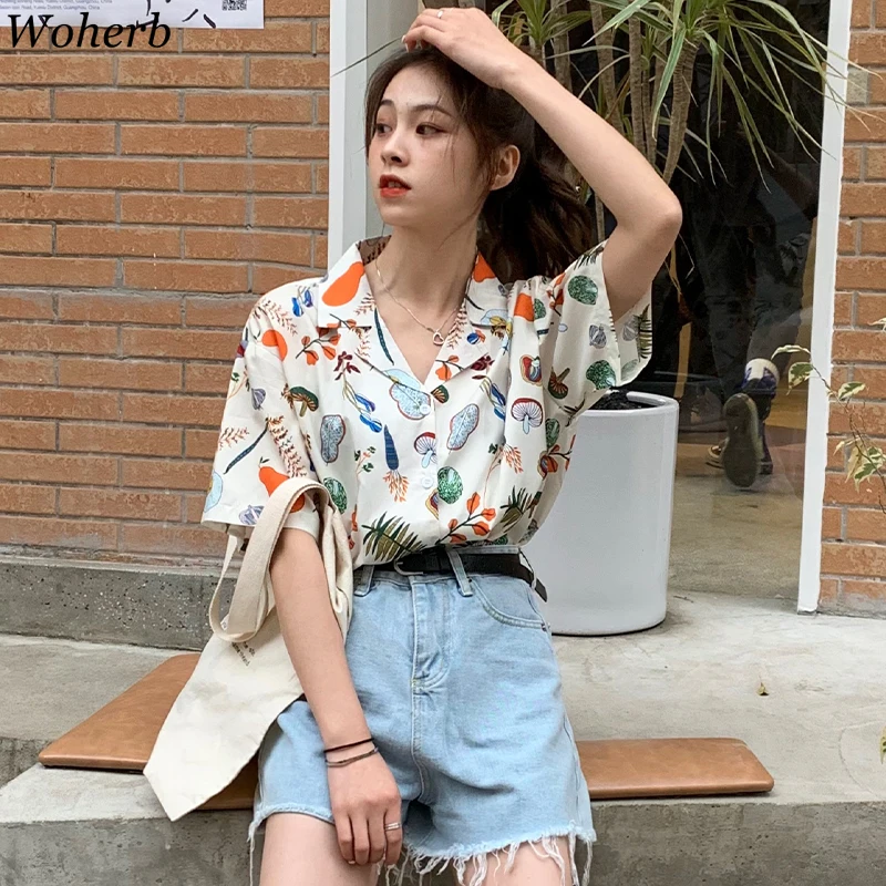 

Woherb Cartoon Printed Short Sleeve Blouse Turn Down Collar Loose Blouse Summer Harajuku Streetwear Korean Women Shirt Top Blusa