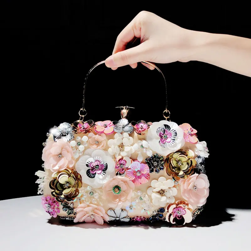 

2020 Shenglu High Quality Silk Satin Gold Champaign Flower Sequines Crystal Bling Gourgeous Clutches Purses for Wedding Party