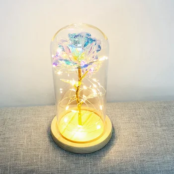

Birthday Gift Beautiful Preserved Rose Flower LED Light with Glass Cover Wooden Base Valentines Day Wedding Gift