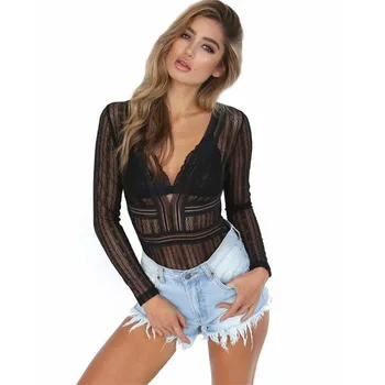 

Women Fashion Sexy Lace Bodysuit Womens Long Sleeve V-neck Jumpsuit Female Pure Color Hollow Out bodysuit