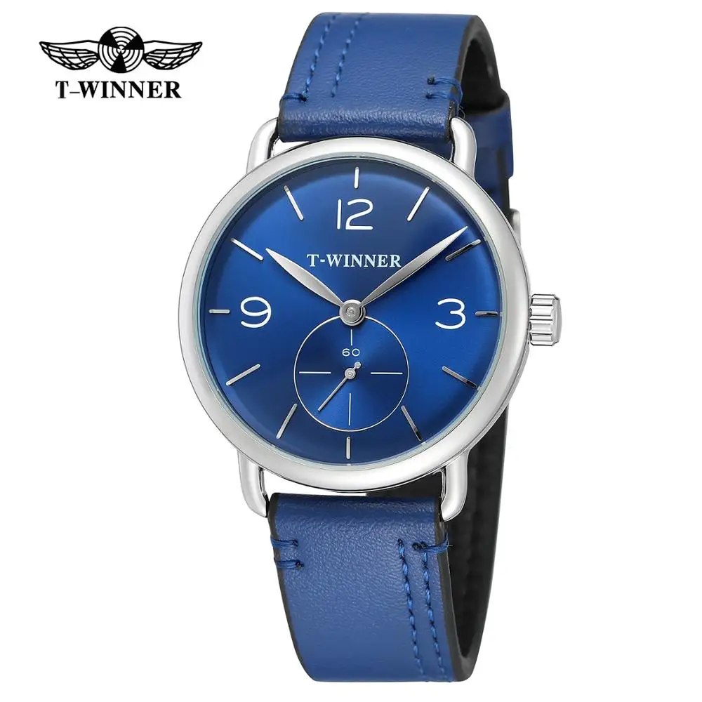 Simple casual men's and women's watches blue dial leather strap automatic mechanical watch T-WINNER