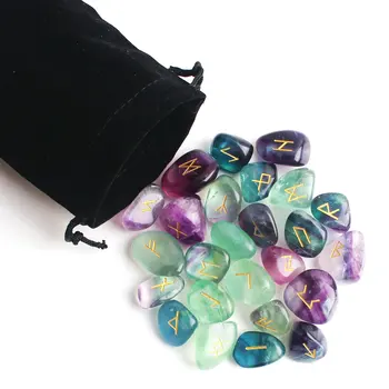 

25Pcs Natural Crystal Chakra Divination Rune Stone Colored Fluorite Pendant Runes Stone Polished Healing Stone Home Decor