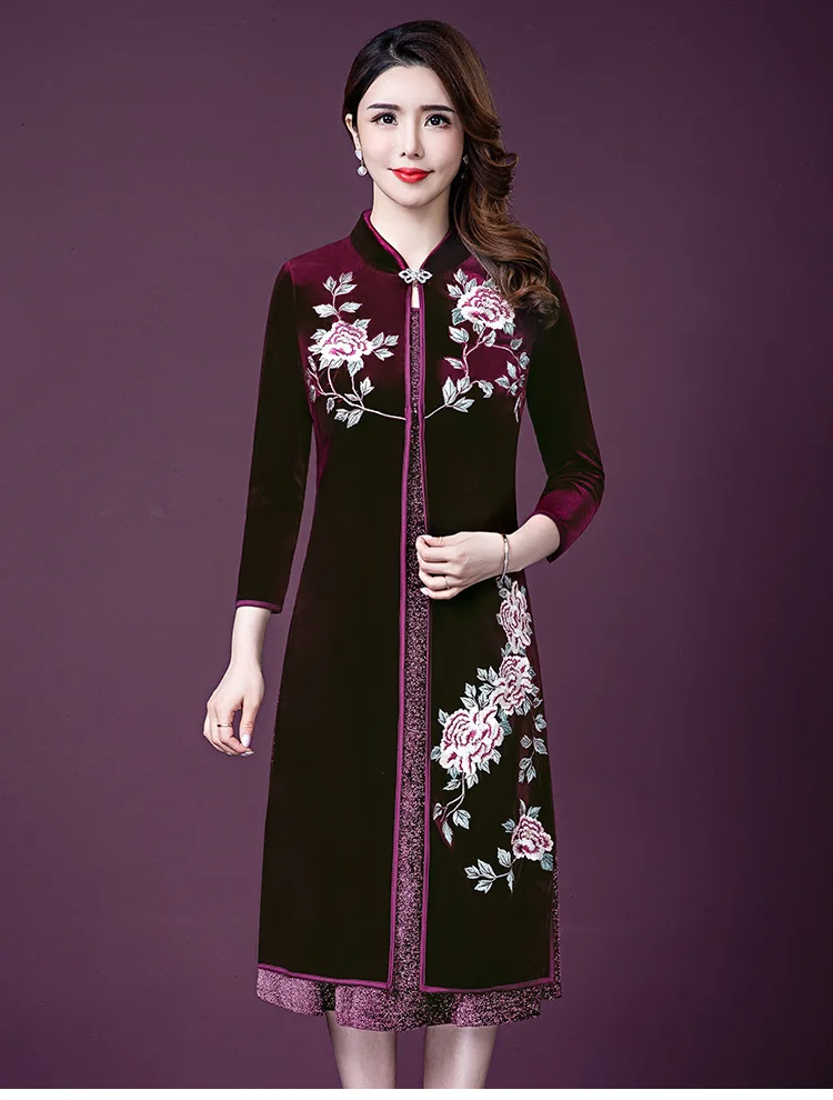 Винтажное женское платье-Чонсам Aodai для женщин среднего возраста, весенне-осеннее Новое Длинное Элегантное женское двухсекционное платье в западном стиле