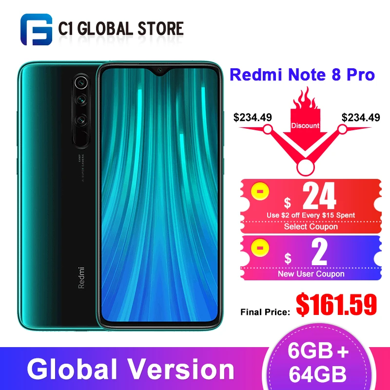  Xiaomi Redmi Note 8 Pro с глобальной версией, 6 ГБ, 64 ГБ, смартфон Helio G90T, четыре ядра, 64 мп, камера 4500 мАч, аккумулятор NFC  