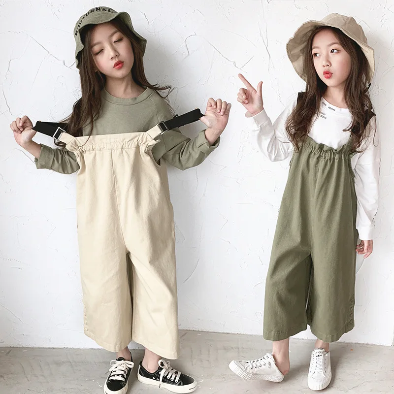 

Childrenswear 2019 Spring New Style Girls Elasticity Suspender Strap Loose Pants Big Boy Solid Color Capri Suspender Pants Hot S