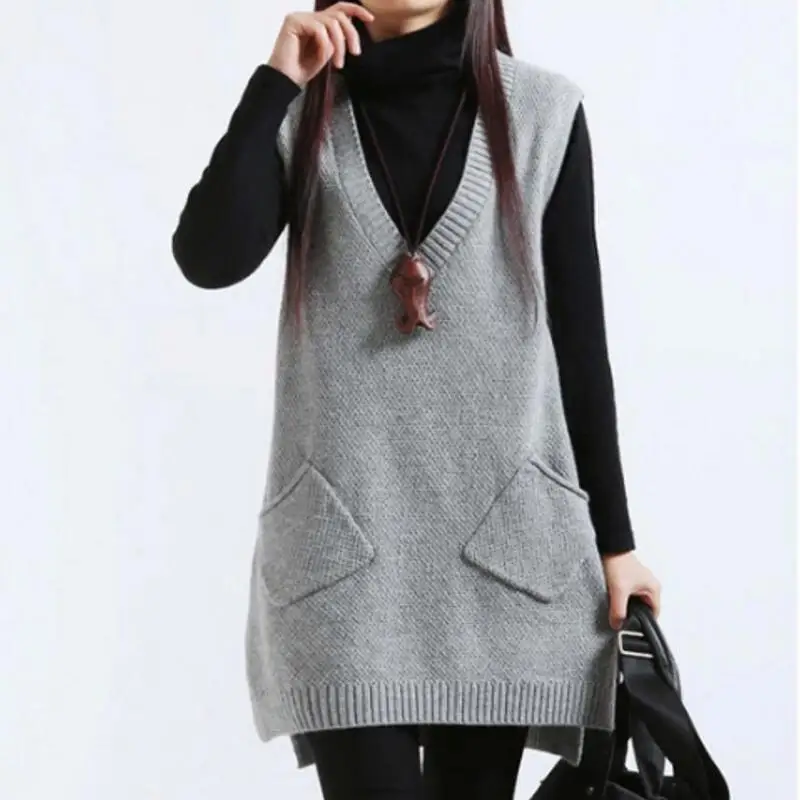

2021 Women Sweater Spring Autumn New Korean Women&#39s V neck Knit Long A shaped Pocket Vest Pullove