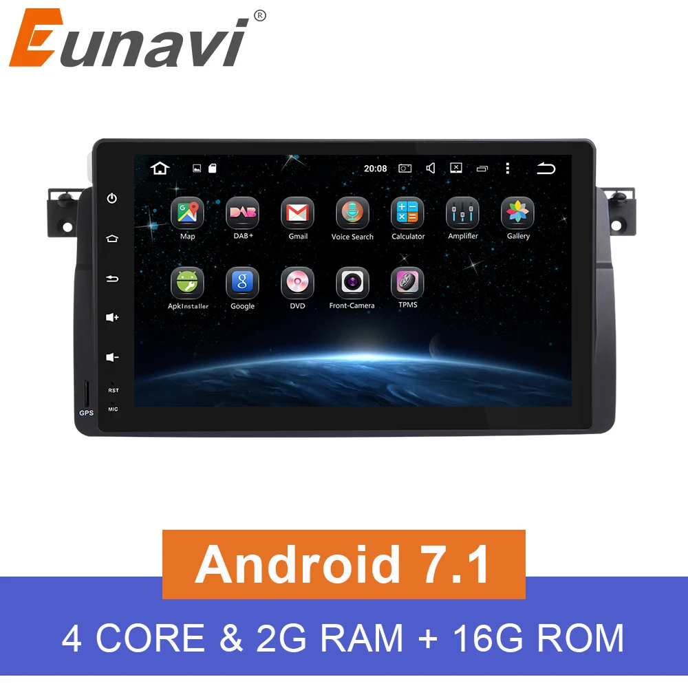 Eunavi 1 Din автомобильный мультимедиа радиоприемник проигрыватель gps Android 7.1.1 2 OBD2