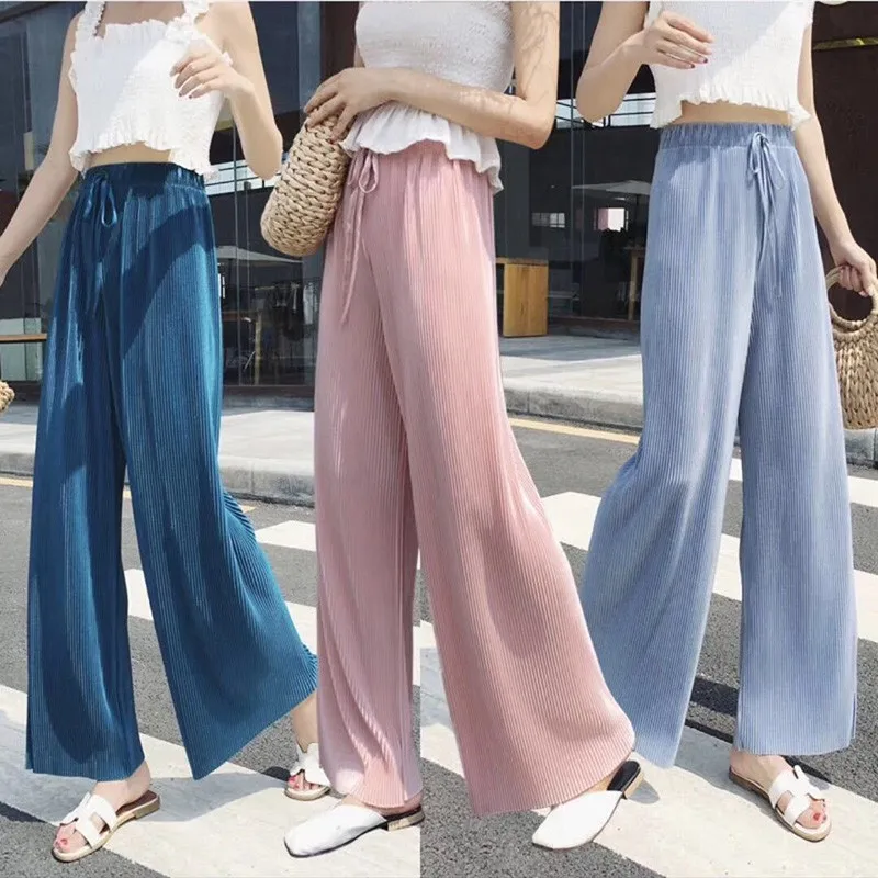 

Explosion Models Wide Leg Pants Female Nine Pants Summer And Autumn Ice Silk Pleated Fashion Trend Comfortable And Breathable