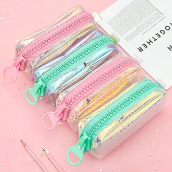 

1 Pcs Kawaii Fashion PU Laser Big Zipper Pencil Case Cute Pen Holder Students Pencil Bag Pen Box School Supplies