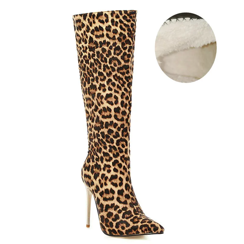 Women Fashion Snake Print Pu Leather Knee High Boots High Heel Long Boots Pointed Toe Zipper Autumn Boots Winter Plush Shoes - Цвет: Leopard Winter Plush