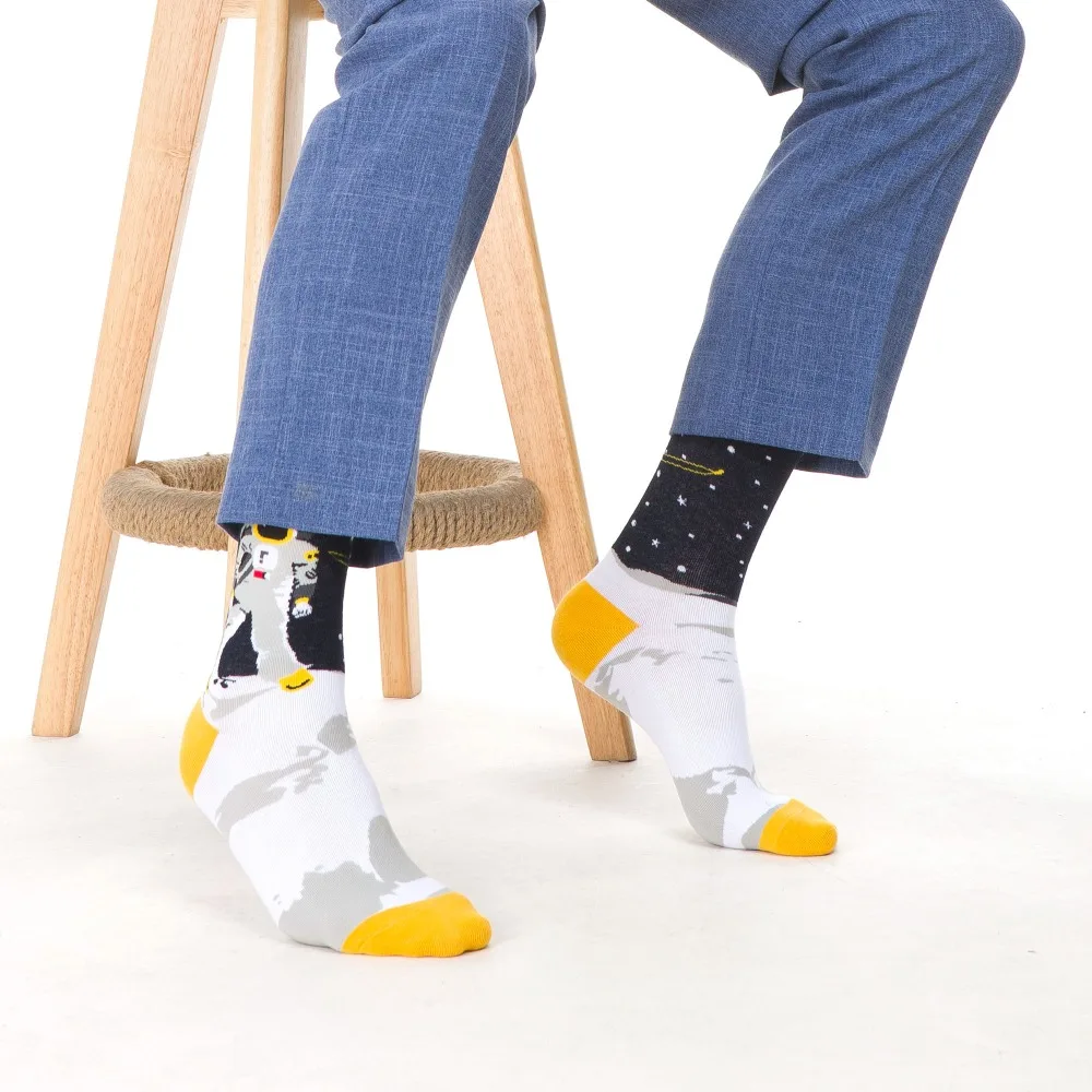 SANZETTI Brand 2020 Men Socks New Bright Colorful Space Animal Novelty Pattern Causal Dress Socks Funny Gift Happy Wedding Socks