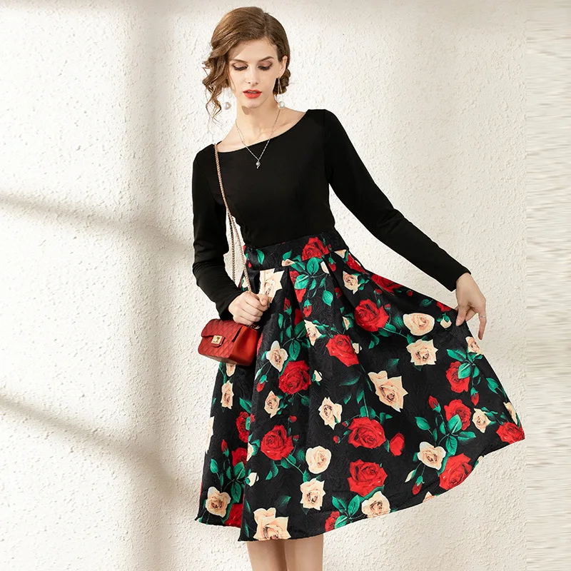 

Large Austrian WOMEN'S Dress New Style Jacquard Joint Slim Fit Slimming A- line Mid-length Long-sleeved Dress