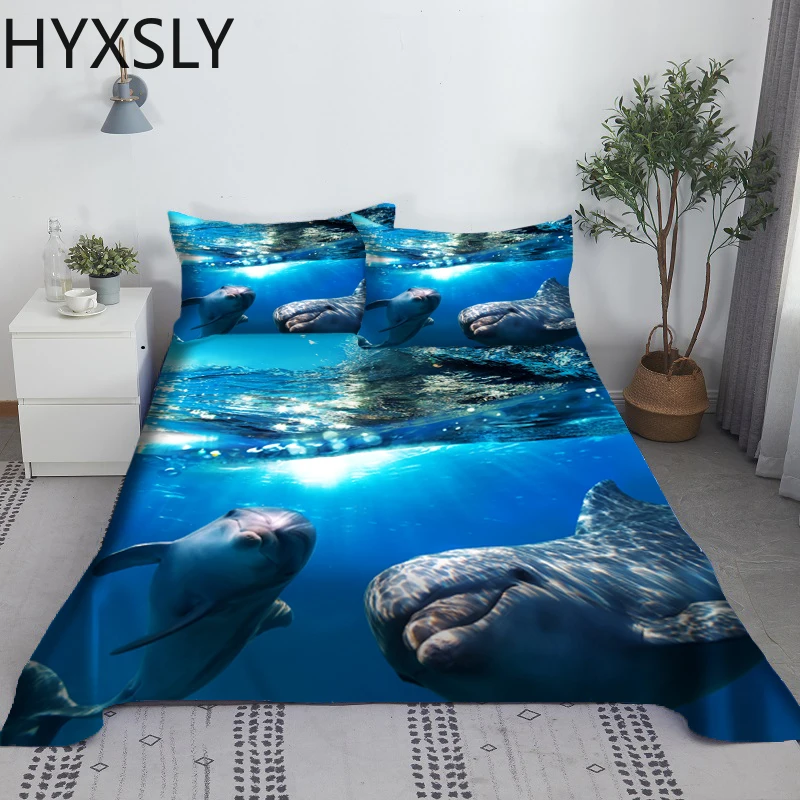 2/3PCS Marine Organism Bed Sheet Set 3D Printing Underwater World Polyester Bed Flat Sheet With Pillowcase 1/1.2/1.35/1.5/1.8/2m