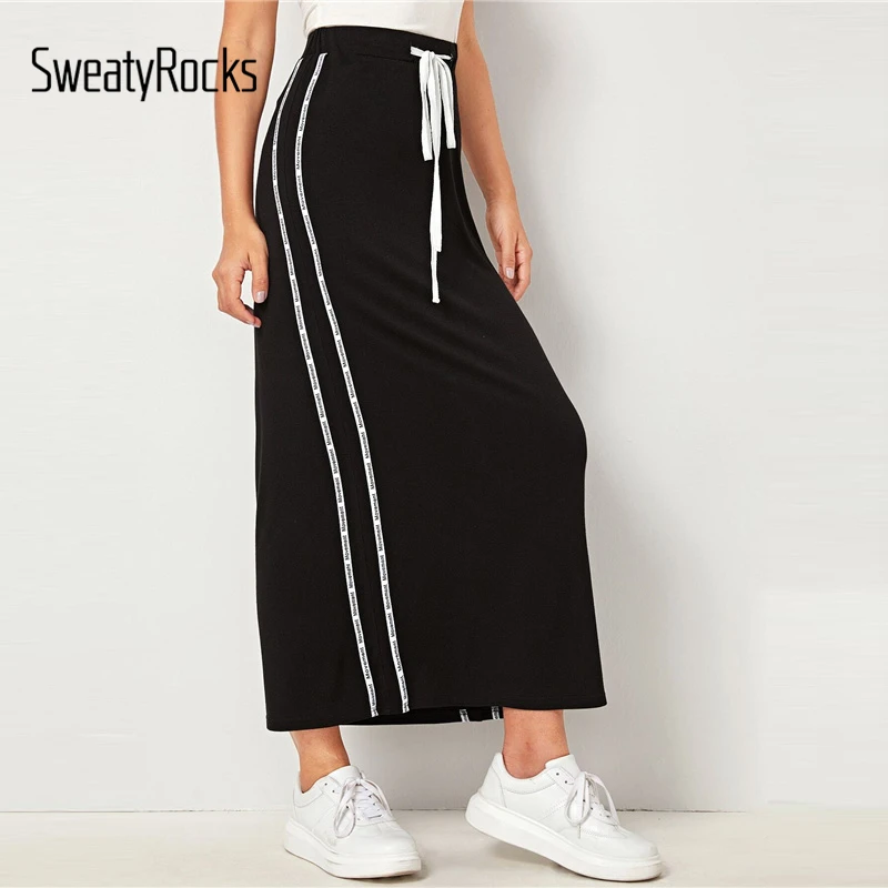 SweatyRocks черные, на шнурке лента для талии боковая юбка-карандаш активная одежда обтягивающие макси юбки женские прямые юбки с высокой талией