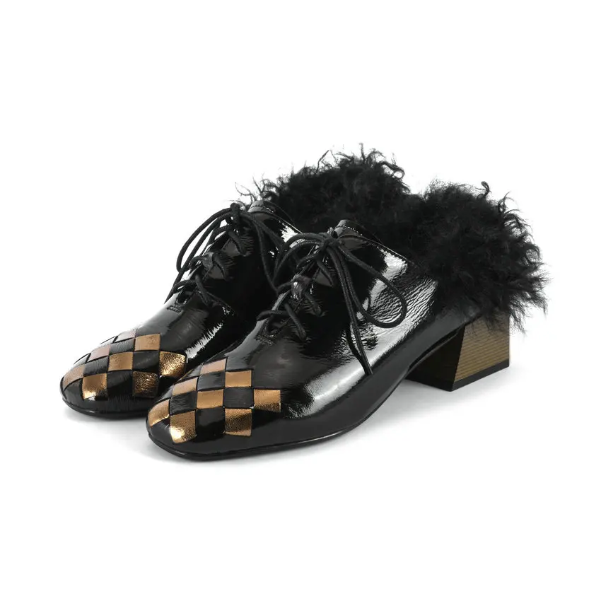 ANMAIRON/ г. Повседневная модная Роскошная обувь из лакированной кожи на высоком каблуке, с круглым носком, на шнуровке, с мехом классические женские туфли-лодочки размеры 34-42 - Цвет: Черный