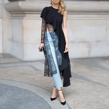 

Women Shirts VONDA 2020 Summer Female Patchwork Lace Blouse Sexy One Shoulder Party Irregular Tops Female Plus Size Femininas