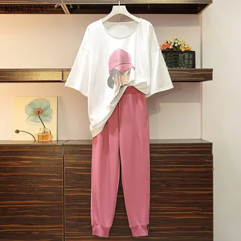 

Plus Size Loose Tshirts And Pants Women Two Piece Set Summer Short Sleeve Casual 2 Piece Suits Female Sportswear Outfit Clothes