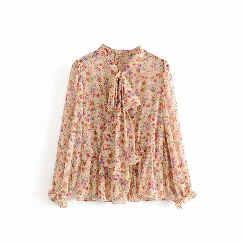 

Chiffon Women Printed Flower Shirt Autumn Long Shirt Casual Bow Female Shirts Thin Loose Ladies Full Ruffle Sleeve Slim Tops