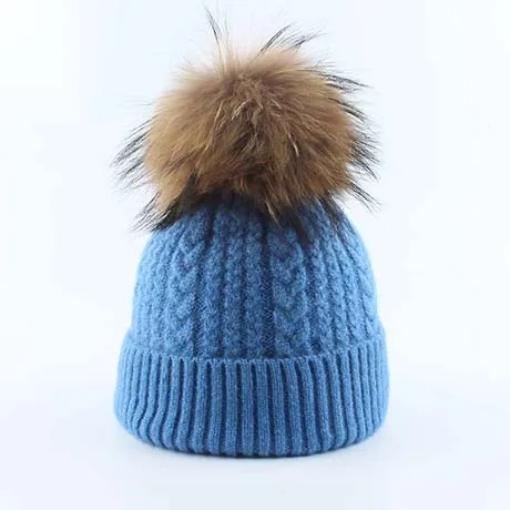 Зимние шапки для женщин Мытые мягкие теплые вязаные шапки женские модные спиральные шерстяные шапочки с помпоном из натурального меха - Цвет: Синий
