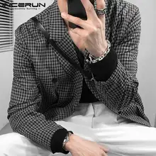 

INCERUN Casual Men's Check All-match Suits Loose Buttons Gray&Black Party Nightclub Check Double-breasted Blazer S-5XL Tops 2021