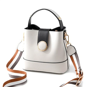 

Striped Wide Shoulder Strap Women Bucket Bag Solid Color Buckle Handbag Fashion Simple Shoulder Bag Wallet Beige