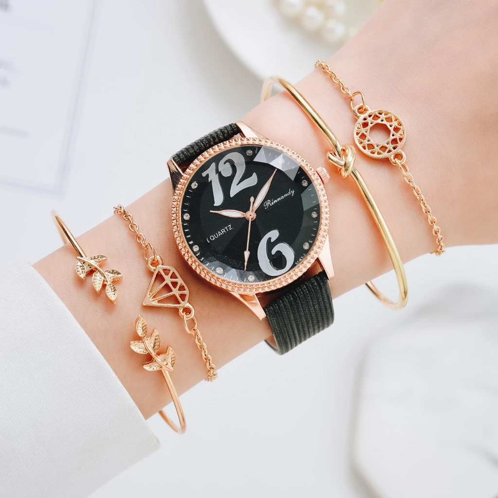 5 conjunto Número grande de lujo Reloj pulsera para Mujer de cuarzo Reloj pulsera Reloj de Mujer Reloj regalo de correa de cuero Reloj de Mujer|Relojes de mujer| - AliExpress