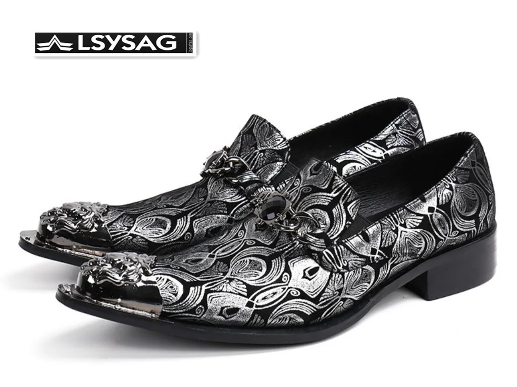 

Designer Genuine Leather Men Shoes Silver Printing Business Shoes Metal Charm Wedding Men Dress Shoes Plus Size