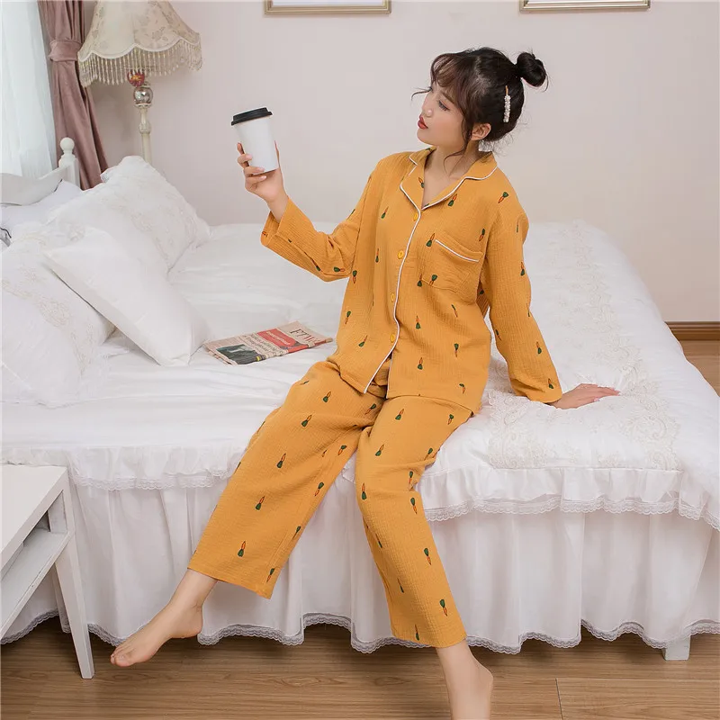 Full Printed Carrot Picture Cotton Cardigan V-neck Pajamas Set for Ladies Autumn and Winter Cute Sweet Home Clothes Women Pijama - Цвет: Цвет: желтый