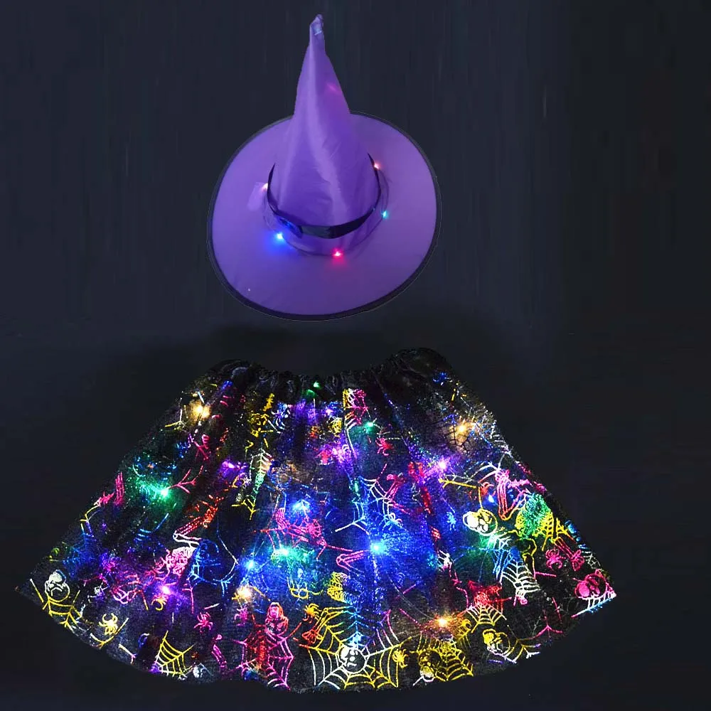 web skirt Для девочек легкое светодиодный волшебник, ведьма шляпа с юбка пачка аксессуары для косплея Хэллоуин сверкающие принадлежности для вечеринки Пурим Рождество - Цвет: web skirt
