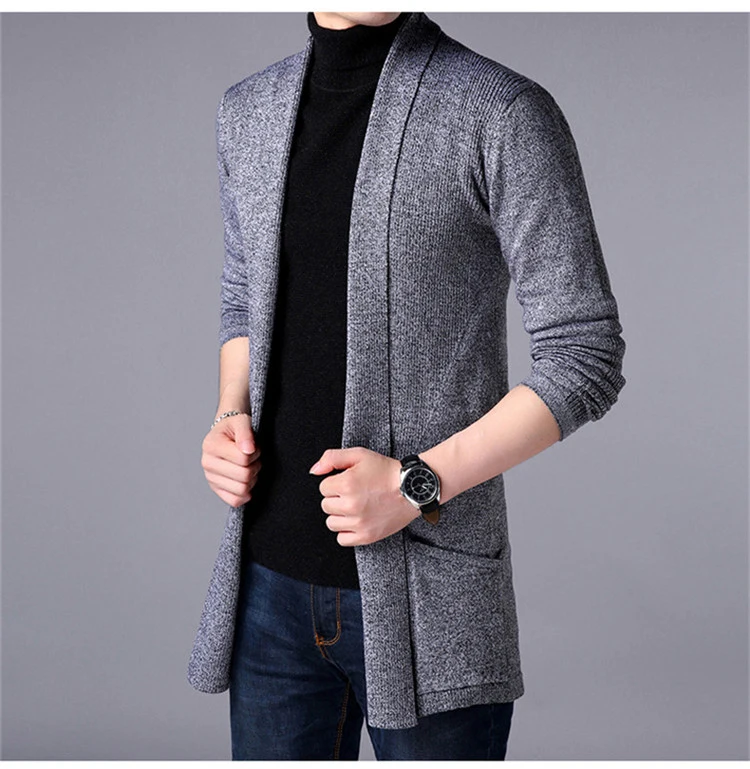 Men Long Style Cardigan Sweater New Fashion Spring and Autumn X-long Knit Sweater Jackets Solid Color Sweatercoat