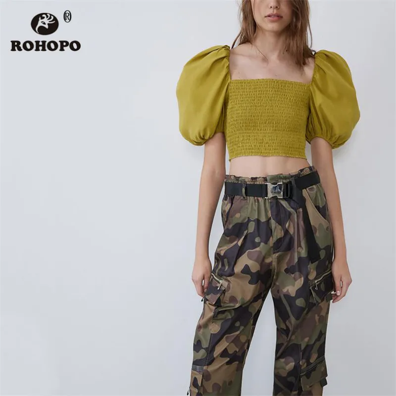 

ROHOPO Puff Sleeve Tube Smocking Square Collar Yellow Crop Blouse Autumn Girl Holiday Chic Top Short Shirt # 9520