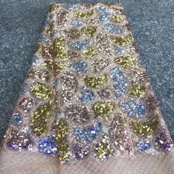 

African Lace Fabrics 2019 High Quality Gold Sequins Lace Nigerian Tulle Lace Fabric Bride Embroidery French Net Lace Fabric