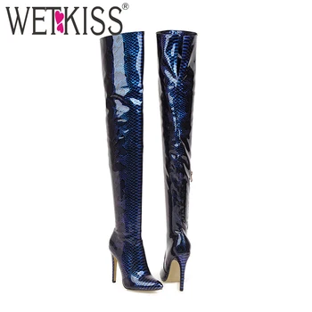 

WETKISS Over The Knee Boots Women High Heels Boot Female Party Sexy Shoes Ladies Print Pu Pointed Toe Shoes Winter Big Size 46