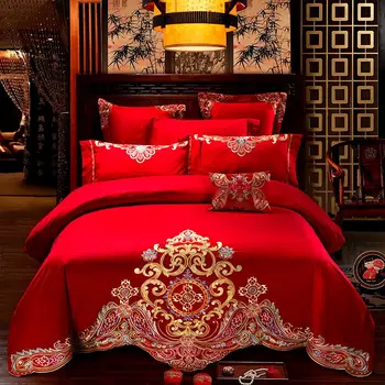 

42 Egyptian Cotton Luxury Red Chinese Wedding Bedding set King Queen size Premium Embroidery Bed set Duvet cover Bed sheet set