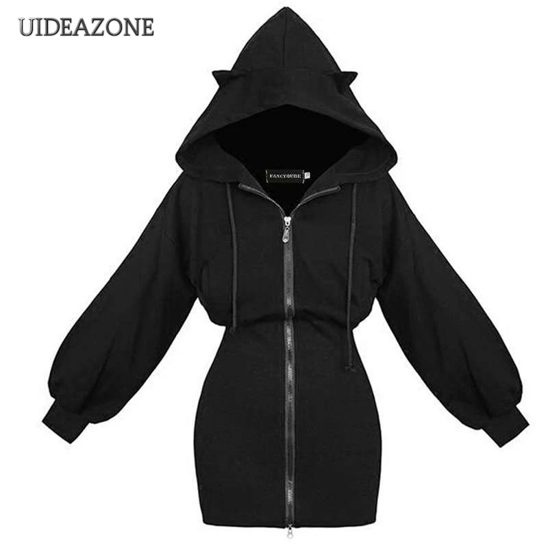 UIDEAZONE Хэллоуин готические кошачьи ушки женские толстовки с капюшоном готический стиль толстовка с капюшоном на молнии и рукавами-фонариками для девочек