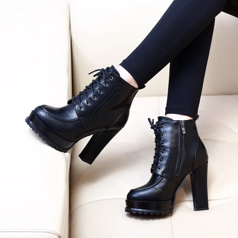 

High Heel Boots Leather Booties Brand Women's Shoes Bootee Woman 2019 Clogs Platform Zipper Round Toe Lace Up Heels Fashion