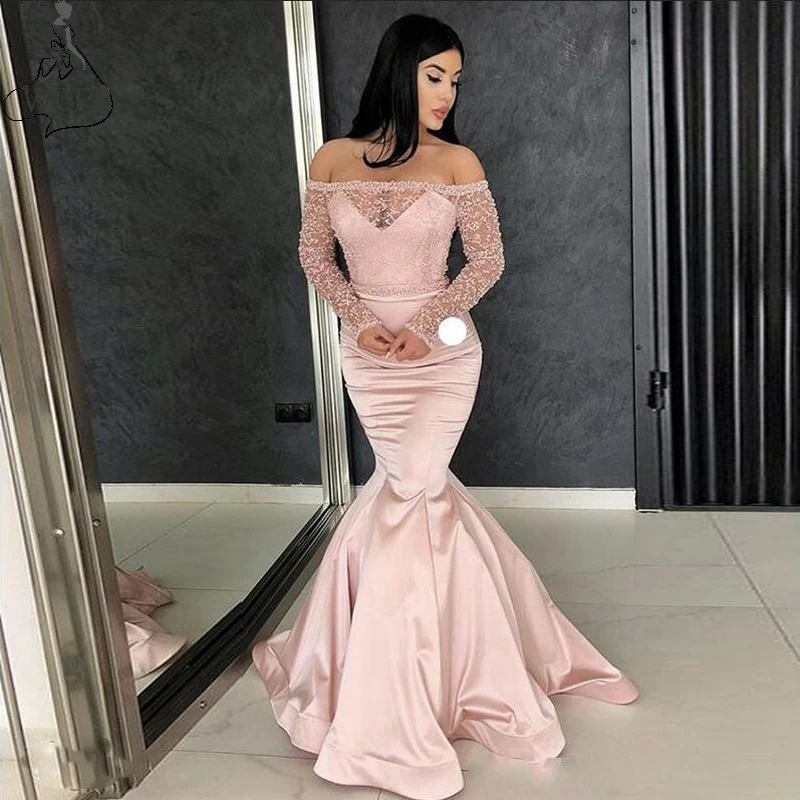 

Off The Shoulder Mermaid Prom Dresses 2020 New Pink Beading Illusion Long Sleeve Floor Length Formal Evening Dress Party Gowns