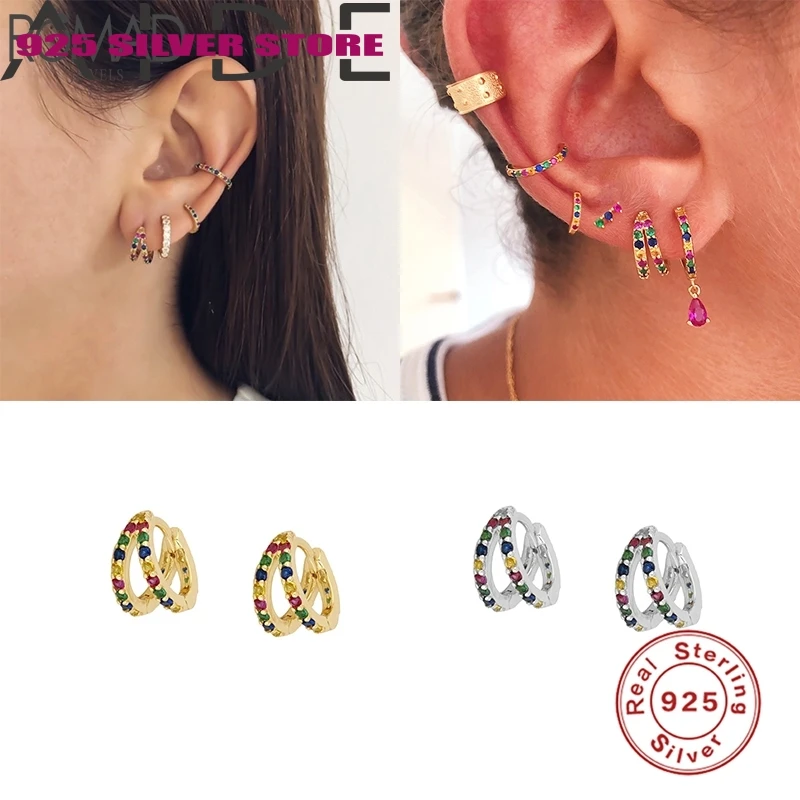 

Aide 925 Sterling Silver Hoop Earrings Colorful Boho Rainbow Double Circle Huggie Earring For Women Fine Jewelry pendientes W4