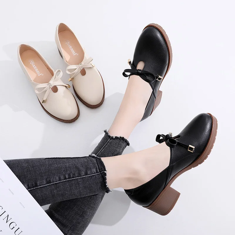 

New Women's Single Shoes Spring Autumn Fashion Small White Shoes Thick with Round Head Bow New Comfortable Casual Roman Shoes