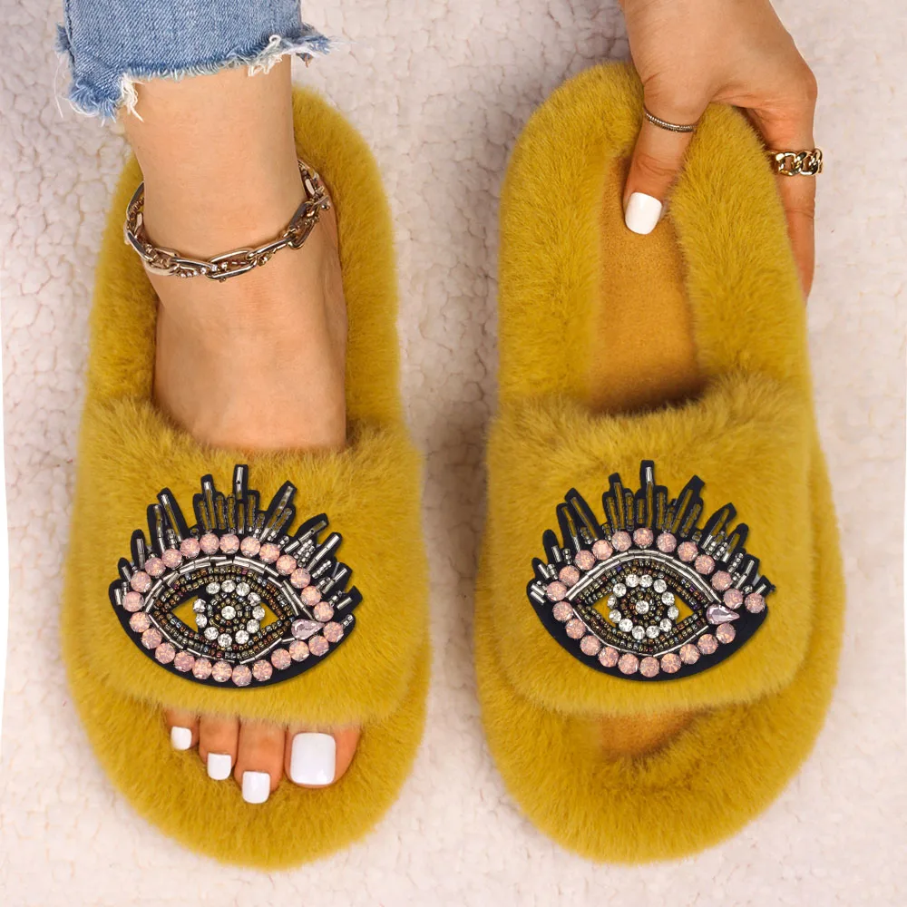 Women's Slippers Fluffy Flip Flop Bead Eye Decor Furry Slides Luxury Designer Slippers Flat Faux Fur Sandals Cute Platform Shoes