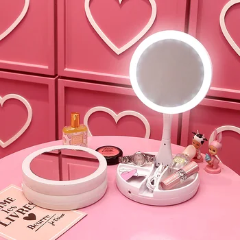 

LED Light Makeup Mirror Storage Box Beauty Box Foldable Desktop Lipstick Jewelry Storage Cosmetic Storage Box Makeup Finisher