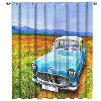 

Oil Painting Style Field Car Floral Fabric Kids Window Treatment Hardware Sets Curtain