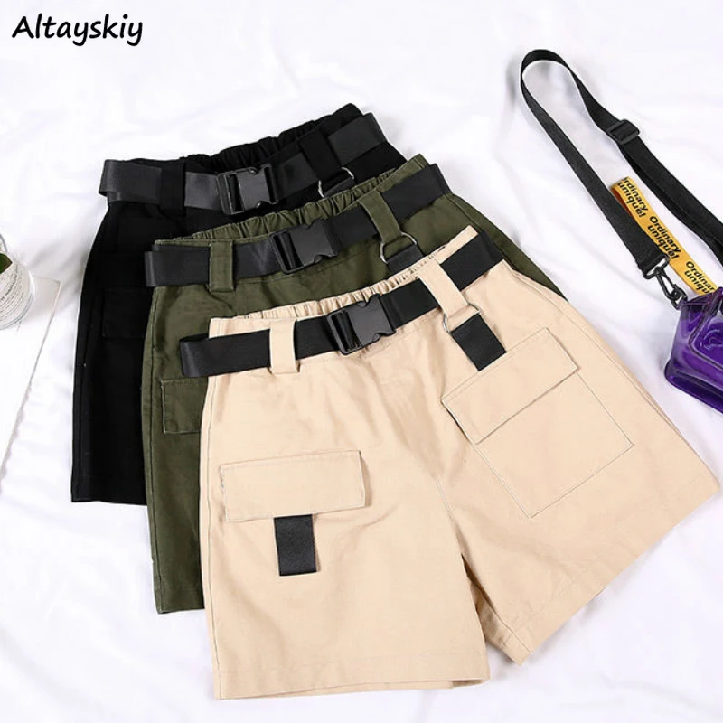 Fashion Shorts Womens Summer Bf Loose Mid Waist Cargo Khaki Casual Belt