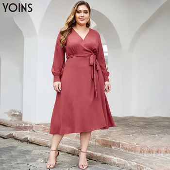 

YOINS Women Belt Deep V-neck Lantern Sleeve Maxi Dress 2020 Elegant Female Casual A-Line Dresses Chic Vestidos Plus Size Pink